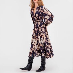 Tanya Taylor Blaire Tie-Waist Printed Dress Cream Maritime Blue Tan